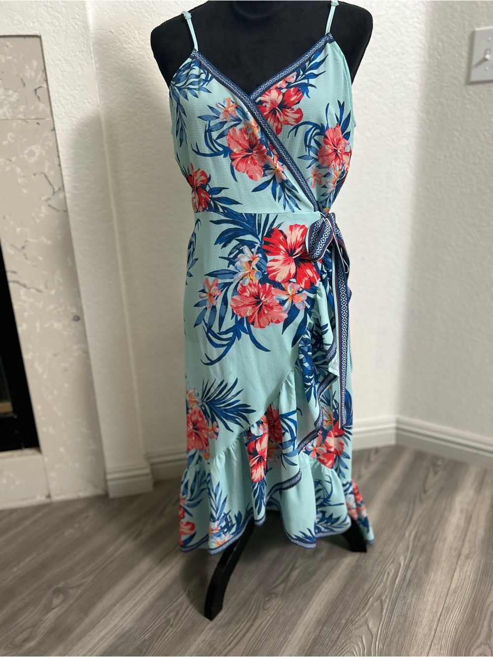 Jealous Tomato Light Blue Floral Wrap Midi Dress with Coral Blooms